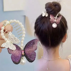 Glittering Butterfly with Faux Pearls Hair Bun Hair Claw ( Pack of 2 )