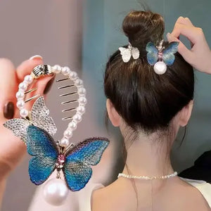 Glittering Butterfly with Faux Pearls Hair Bun Hair Claw ( Pack of 2 )